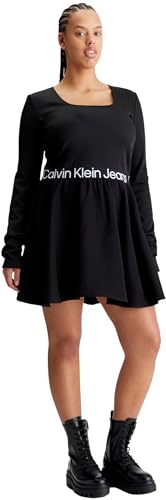 Calvin Klein Jeans Damen Kleid Plus Logo Elastic Ls Dress Langarm, Schwarz (Ck Black), 3XL von Calvin Klein Jeans