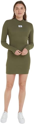 Calvin Klein Jeans Damen Kleid Woven Label Rib Dress Langarm, Grün (Dusty Olive), M von Calvin Klein