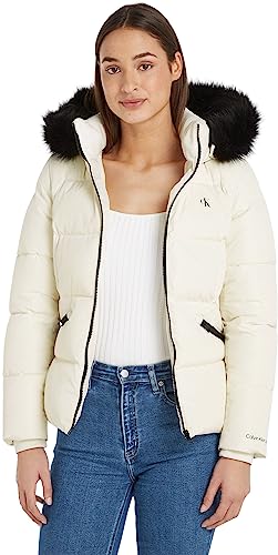 Calvin Klein Jeans Damen Jacke Faux Fur Hooded Fitted Short Winterjacke, Weiß (Ivory), XL von Calvin Klein Jeans