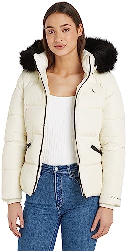 Calvin Klein Jeans Damen Jacke Faux Fur Hooded Fitted Short Winterjacke, Weiß (Ivory), XS von Calvin Klein Jeans