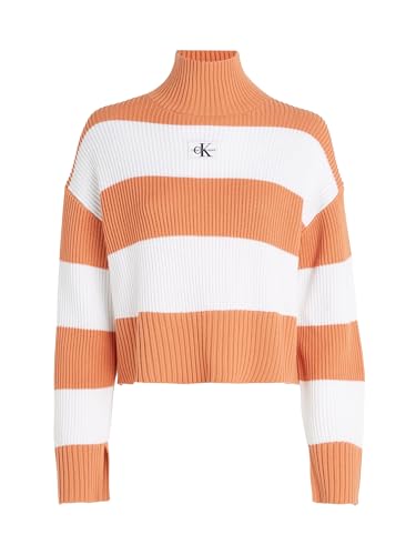 Calvin Klein Jeans Damen Label Chunky Sweater J20J222250 Pullover, Weiß (Ivory/Tropical Orange Stripes), M von Calvin Klein Jeans