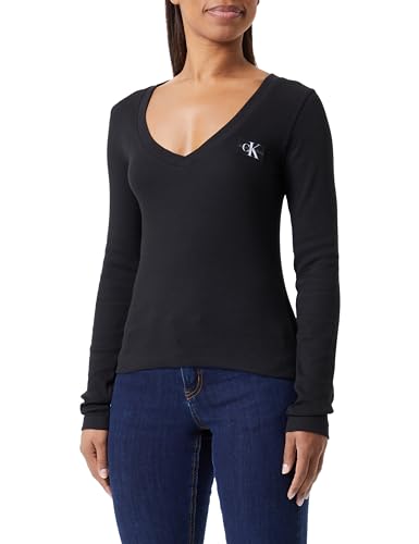 Calvin Klein Jeans Damen Langarmshirt Woven Label Long Sleeve V-Ausschnitt, Schwarz (Ck Black), XS von Calvin Klein Jeans