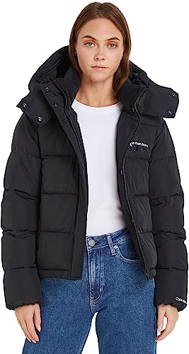 Calvin Klein Jeans Damen Jacke Monologo Short Puffer Winterjacke, Schwarz (Ck Black), L von Calvin Klein Jeans