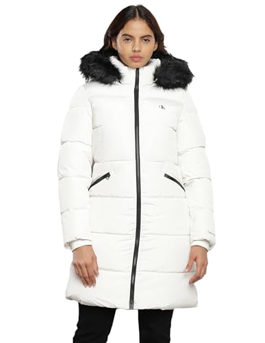 Calvin Klein Jeans Damen Mantel Faux Fur Hooded Fitted Long Winter, Weiß (Ivory), L von Calvin Klein Jeans