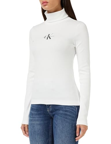 Calvin Klein Jeans Damen Langarmshirt Monologo Rib Rollkragen, Weiß (Bright White), XL von Calvin Klein Jeans