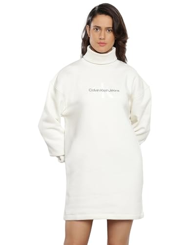 Calvin Klein Jeans Damen Pullover-Kleid Monologo Roll Neck Dress Langarm, Weiß (Ivory), M von Calvin Klein Jeans