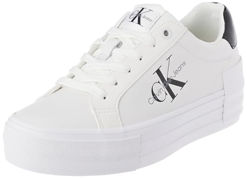 Calvin Klein Jeans Damen Plateau Sneaker Bold Vulcanized Flatform Low Lace Leder, Mehrfarbig (Bright White/Black), 36 EU von Calvin Klein Jeans