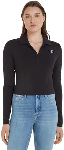 Calvin Klein Jeans Damen Poloshirt Langarm Milano Regular Top Polo-Kragen, Schwarz (Ck Black), XS von Calvin Klein Jeans