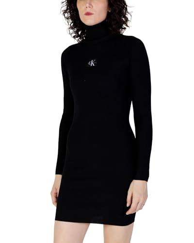 Calvin Klein Jeans Damen Pullover-Kleid Badge Roll Neck Langarm, Schwarz (Ck Black), XS von Calvin Klein