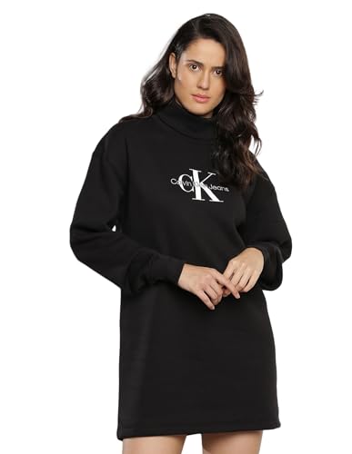 Calvin Klein Jeans Damen Pullover-Kleid Monologo Roll Neck Dress Langarm, Schwarz (Ck Black), XXS von Calvin Klein Jeans