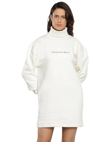 Calvin Klein Jeans Damen Pullover-Kleid Monologo Roll Neck Dress Langarm, Weiß (Ivory), XL von Calvin Klein