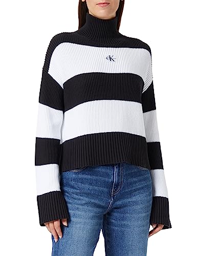 Calvin Klein Jeans Damen Pullover Label Chunky Rollkragen, Mehrfarbig (Ck Black/Bright White Stripes), XXS von Calvin Klein Jeans