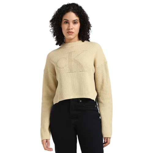 Calvin Klein Jeans Damen Pullover Logo Regular Sweater Strickpullover, Beige (Pale Khaki), XL von Calvin Klein