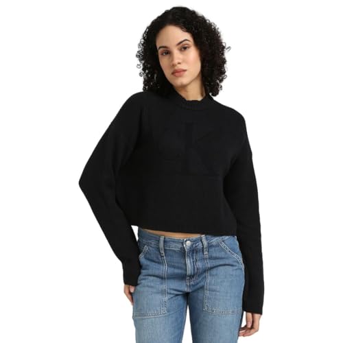 Calvin Klein Jeans Damen Pullover Logo Regular Sweater Strickpullover, Schwarz (Ck Black), S von Calvin Klein