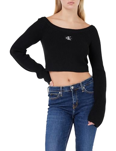 Calvin Klein Jeans Damen Pullover Woven Label Off Shoulder Sweater Cropped, Schwarz (Ck Black), XXL von Calvin Klein Jeans