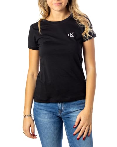 Calvin Klein Jeans Damen T-Shirt Kurzarm Ck Embroidery Rundhalsausschnitt, Schwarz (Ck Black), XXS von Calvin Klein Jeans