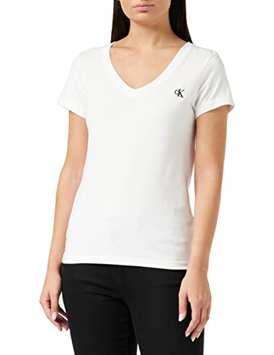 Calvin Klein Jeans Damen T-Shirt Kurzarm Ck Embroidery V-Ausschnitt, Weiß (Bright White), XXL von Calvin Klein