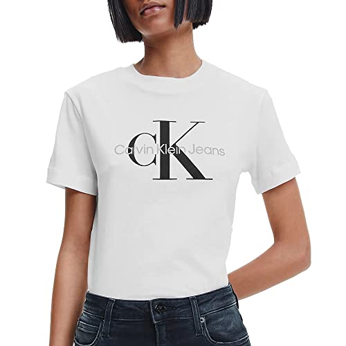 Calvin Klein Jeans Damen T-Shirt Kurzarm Core Monologo Rundhalsausschnitt, Weiß (Bright White), XXS von Calvin Klein Jeans