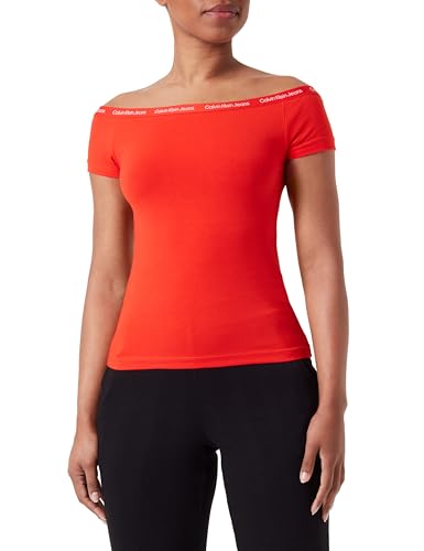 Calvin Klein Jeans Damen T-Shirt Kurzarm Elastic Bardot Top U-Boot-Ausschnitt, Rot (Fiery Red), XS von Calvin Klein