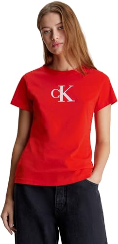 Calvin Klein Jeans Damen T-Shirt Kurzarm Gradient Rundhalsausschnitt, Rot (Fiery Red), XS von Calvin Klein