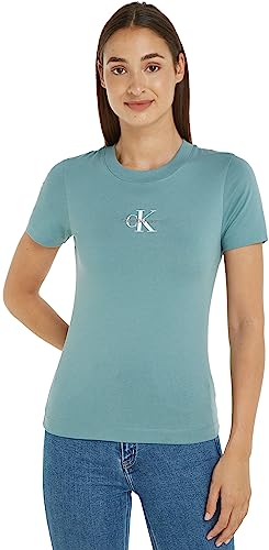 Calvin Klein Jeans Damen T-Shirt Kurzarm Monologo Slim Fit Rundhalsausschnitt, Blau (Arctic), XS von Calvin Klein Jeans