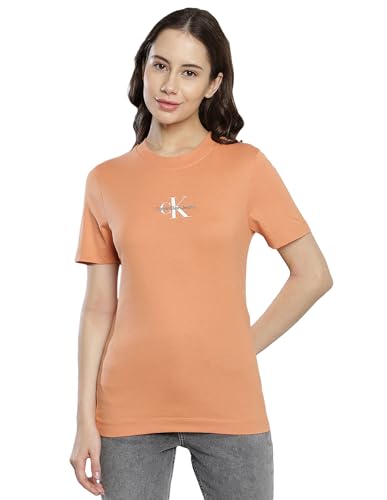 Calvin Klein Jeans Damen T-Shirt Kurzarm Monologo Slim Fit Rundhalsausschnitt, Orange (Tropical Orange), L von Calvin Klein Jeans