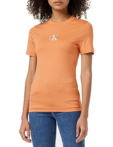 Calvin Klein Jeans Damen T-Shirt Kurzarm Monologo Slim Fit Rundhalsausschnitt, Orange (Tropical Orange), XXS von Calvin Klein Jeans