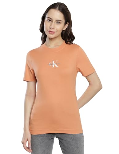 Calvin Klein Jeans Damen T-Shirt Kurzarm Monologo Slim Fit Rundhalsausschnitt, Orange (Tropical Orange), XXS von Calvin Klein Jeans