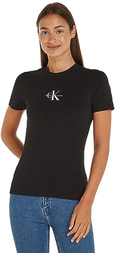 Calvin Klein Jeans Damen T-Shirt Kurzarm Monologo Slim Fit Rundhalsausschnitt, Schwarz (Ck Black), L von Calvin Klein Jeans