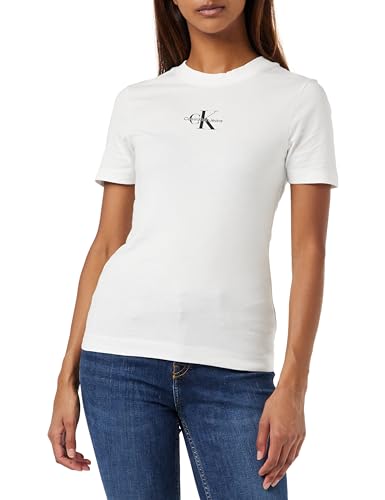 Calvin Klein Jeans Damen T-Shirt Kurzarm Monologo Slim Fit Rundhalsausschnitt, Weiß (Bright White), M von Calvin Klein Jeans