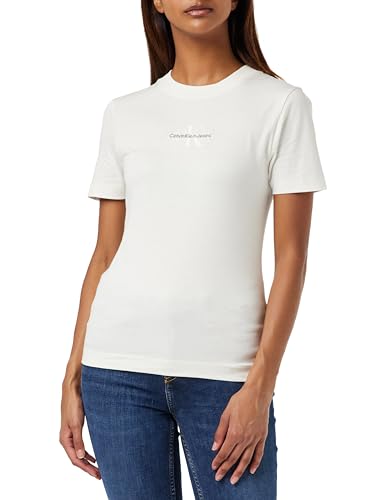 Calvin Klein Jeans Damen T-Shirt Kurzarm Monologo Slim Fit Rundhalsausschnitt, Weiß (Ivory), XS von Calvin Klein Jeans