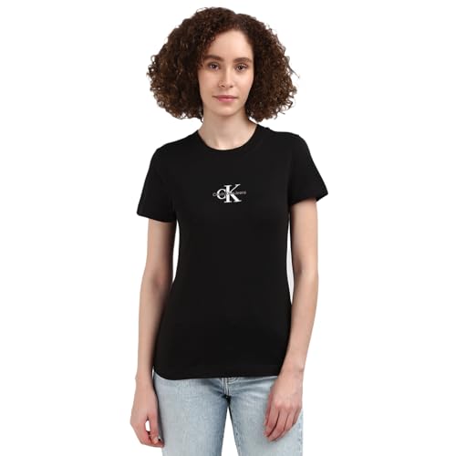 Calvin Klein Jeans Damen T-Shirt Kurzarm Monologo Slim Rundhalsausschnitt, Schwarz (Ck Black), 4XL von Calvin Klein