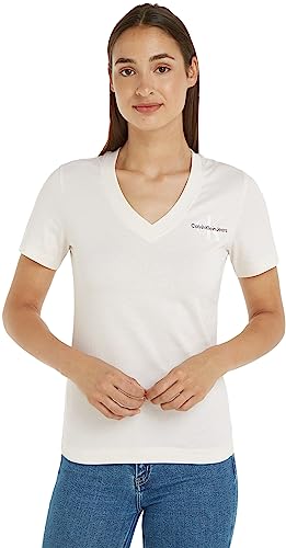 Calvin Klein Jeans Damen T-Shirt Kurzarm Monologo Slim V-Ausschnitt, Weiß (Ivory), S von Calvin Klein Jeans