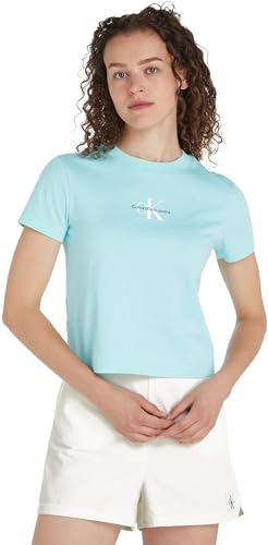 Calvin Klein Jeans Damen T-Shirt Kurzarm Rundhalsausschnitt, Türkis (Blue Tint), XXS von Calvin Klein