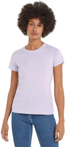 Calvin Klein Jeans Damen T-Shirt Kurzarm Slim Rundhalsausschnitt, Violett (Pastel Lilac), L von Calvin Klein