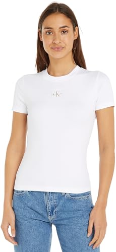 Calvin Klein Jeans Damen T-Shirt Kurzarm Woven Label Rib Rundhalsausschnitt, Weiß (Bright White), 3XL von Calvin Klein