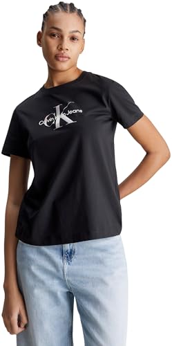 Calvin Klein Jeans Damen T-Shirts Kurzarm Diffused Regular Rundhalsausschnitt, Schwarz (Ck Black), L von Calvin Klein Jeans