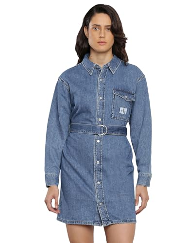 Calvin Klein Jeans Damen Jeanskleid Belted Utility Shirt Dress Langarm, Blau (Denim Light), XS von Calvin Klein Jeans