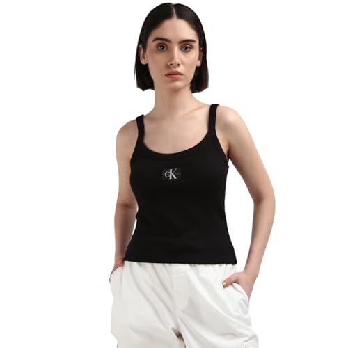 Calvin Klein Jeans Damen Tank Top Woven Label Rib U-Ausschnitt, Schwarz (Ck Black), XXL von Calvin Klein