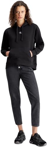 Calvin Klein Jeans Damen Hoodie Woven Label Oversized mit Kapuze, Schwarz (Ck Black), L von Calvin Klein