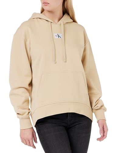 Calvin Klein Jeans Damen Hoodie Woven Label Oversized mit Kapuze, Beige (Warm Sand), M von Calvin Klein Jeans