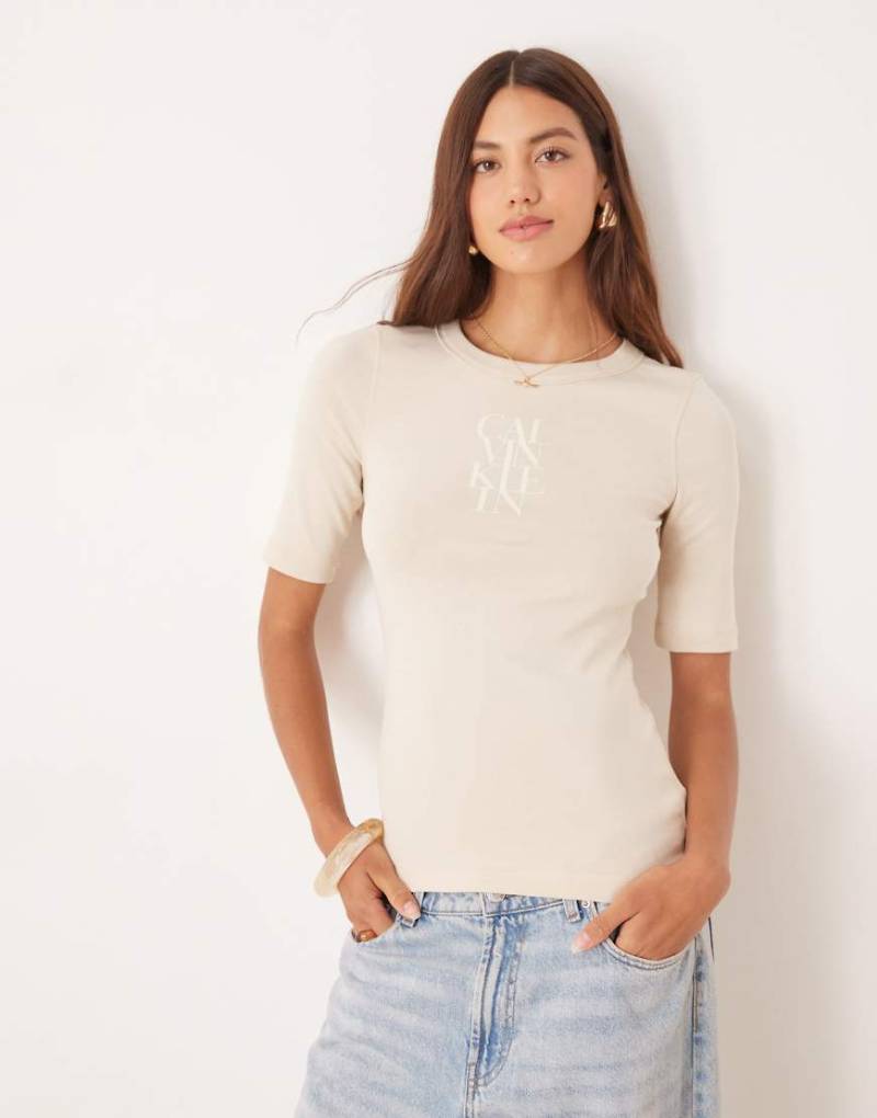 Calvin Klein Jeans - Geripptes Oberteil in Beige mit Schriftzug-Logo-Neutral von Calvin Klein Jeans
