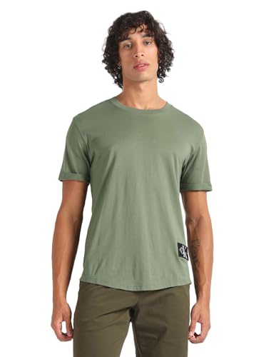 Calvin Klein Jeans Herren T-Shirt Kurzarm Badge Turn Up Sleeve Rundhalsausschnitt, Grün (Dusty Olive), S von Calvin Klein Jeans