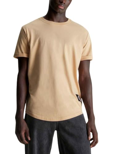 Calvin Klein Jeans Herren T-Shirt Kurzarm Badge Turn Up Sleeve Rundhalsausschnitt, Beige (Warm Sand), S von Calvin Klein Jeans