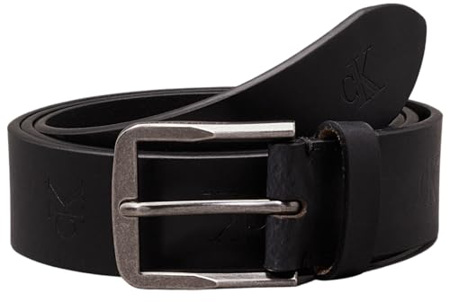 Calvin Klein Jeans Herren Gürtel Classic Flat Leather Belt 35mm aus Leder, Schwarz (Allover Print), 85 cm von Calvin Klein
