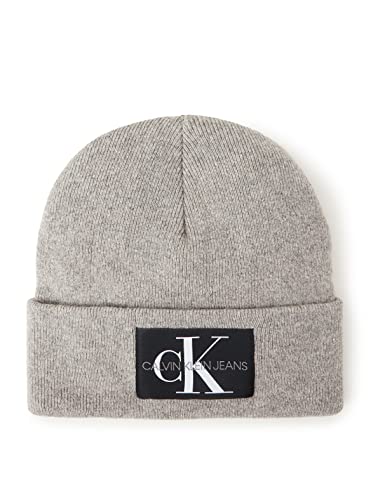 Calvin Klein Jeans Herren MONOLOGO Patch Non-Rib Beanie K50K506246 Gestrickte Mütze, Grau (Mercury Grey), OS von Calvin Klein Jeans