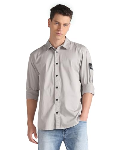 Calvin Klein Jeans Herren MONOLOGO Badge Relaxed Shirt J30J323255 Freizeithemden, Grau (Porpoise), M von Calvin Klein