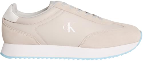 Calvin Klein Herren Runner Sneaker Retro Lace Up aus Leder, Beige (Oyster Mushroom/B White/Blue Fizz), 45 von Calvin Klein