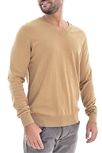 Calvin Klein Jeans Herren Stacked Logo V-Neck Sweater J30J322058 Pullover, Braun (Timeless Camel), L von Calvin Klein