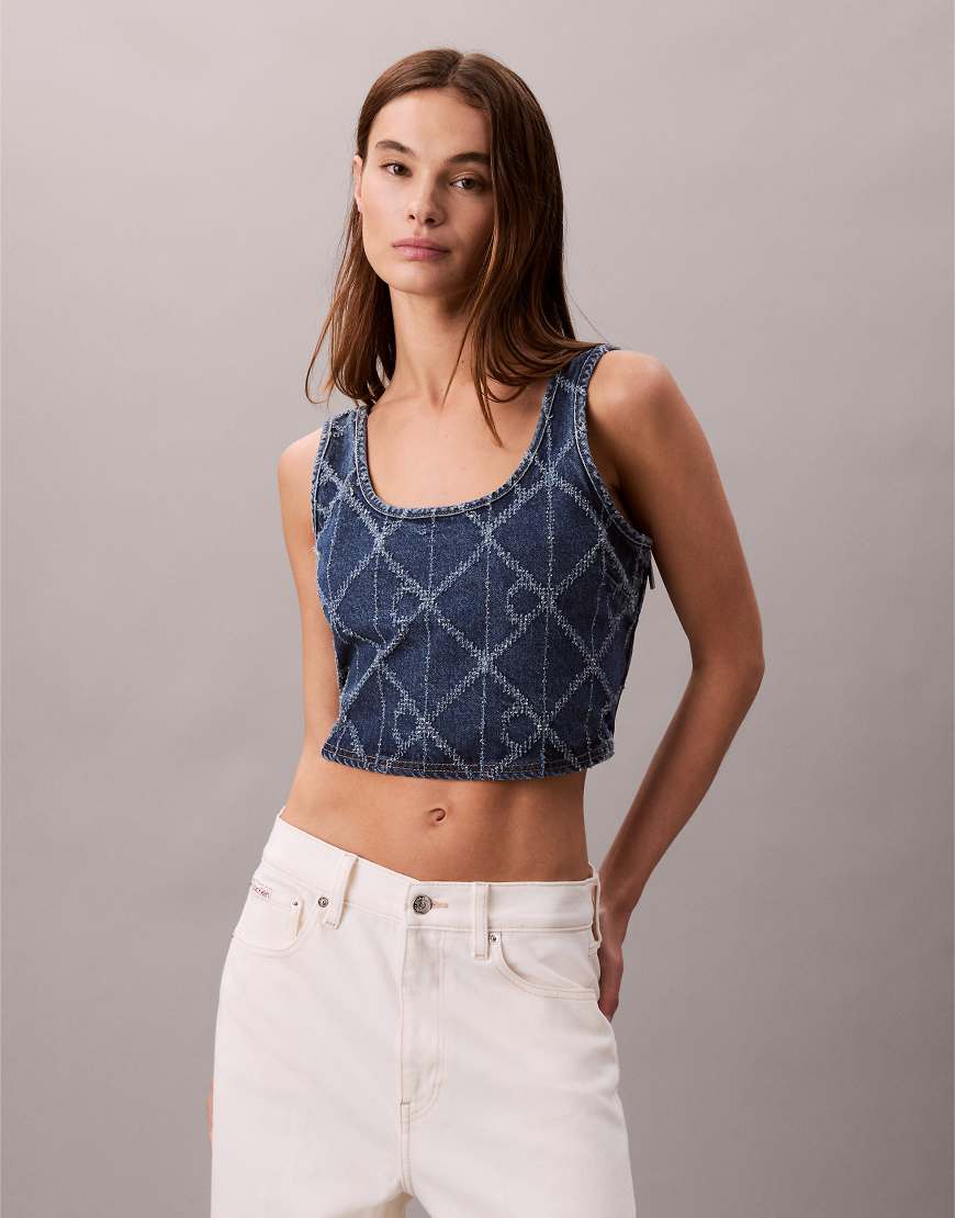 Calvin Klein Jeans - Jeans-Bralette in Mittelblau mit durchgehendem Lasercut-Logomuster von Calvin Klein Jeans